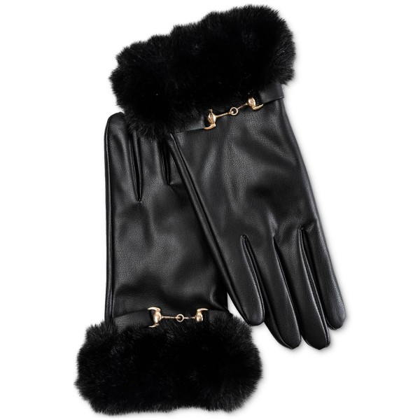 Women's Faux-Leather Faux-Fur-Trim Gloves