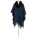 Reversible Plaid Cape Sweater with faux fur polyester