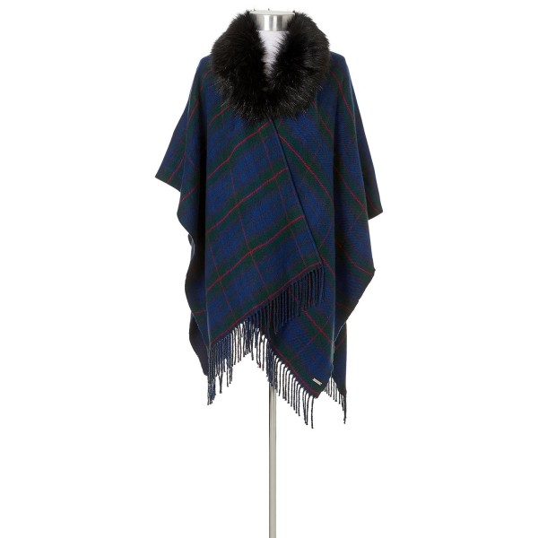 Reversible Plaid Cape Sweater with faux fur polyester