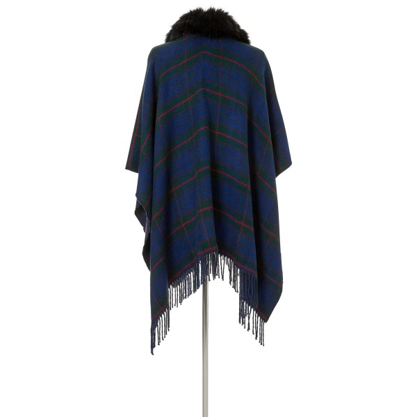 Reversible Plaid Cape Sweater with faux fur polyester